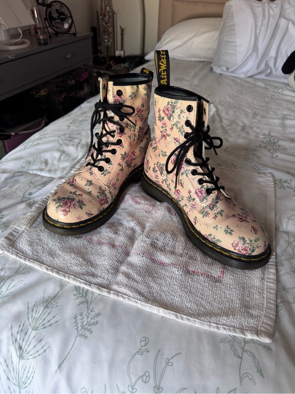 Vintage Dr. Martens Pink Floral Lace-Up Combat Boots
